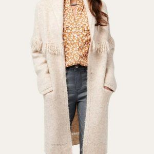 Long Sleeve Fringe Yoke Shawl Collar Drop Pocket Coatigan